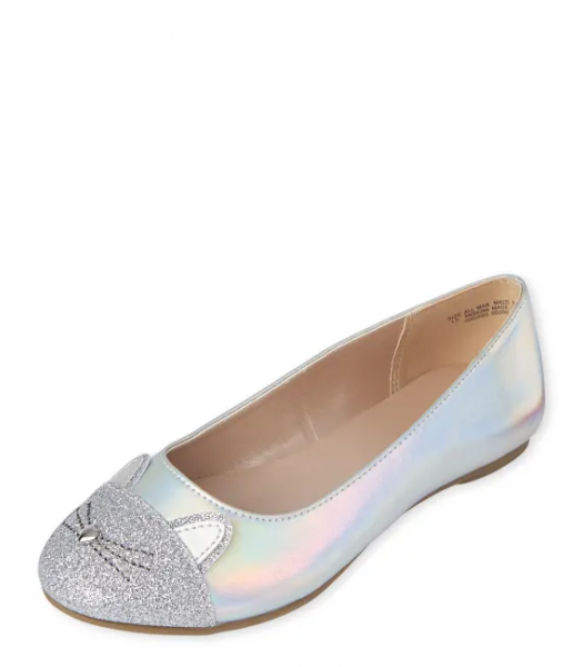 Childrens Place Silver Holographic Cat Ballet Flats